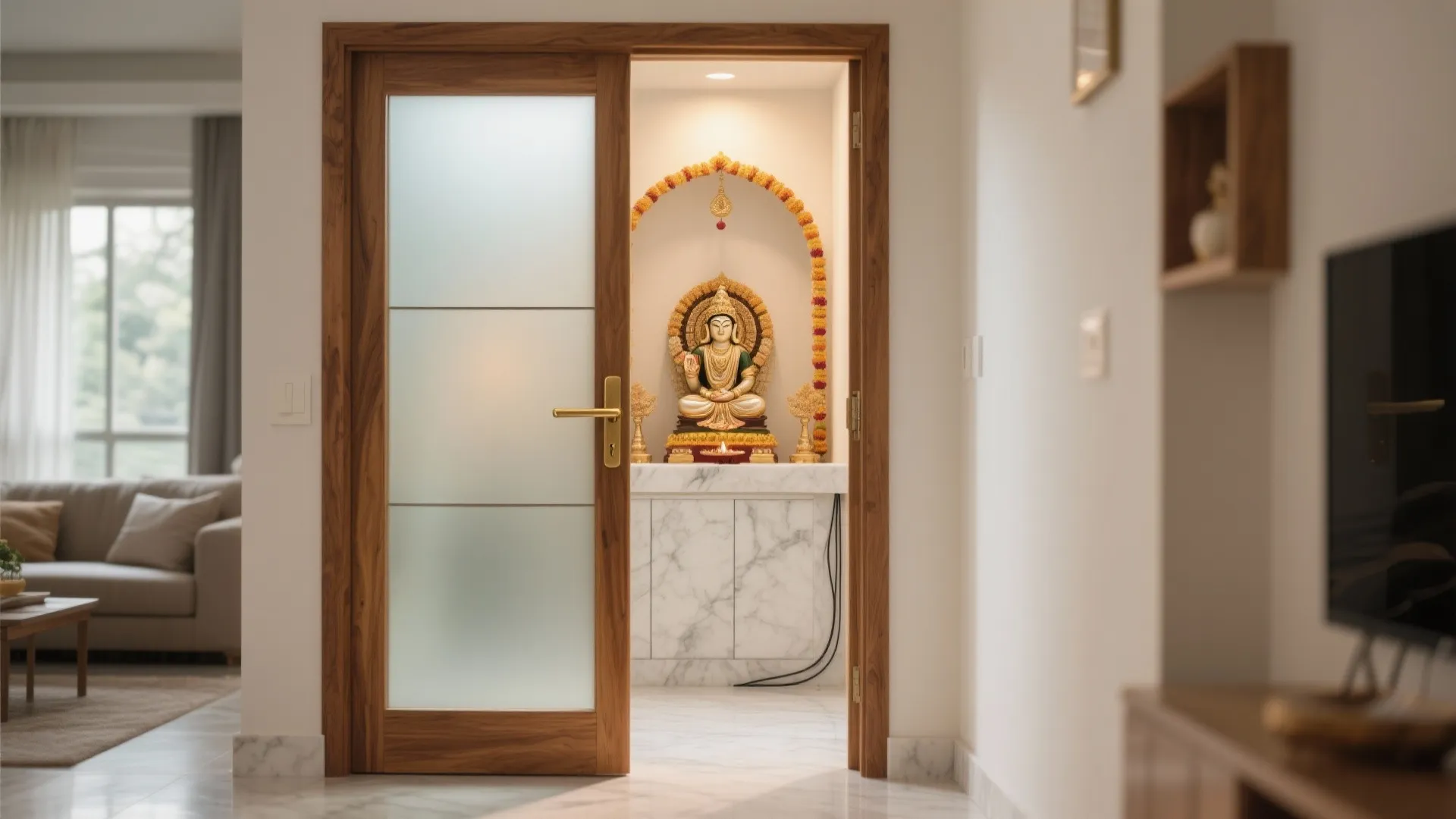 Satin-frosted glass pooja door with warm teak frame diffusing light in a small sanctum.