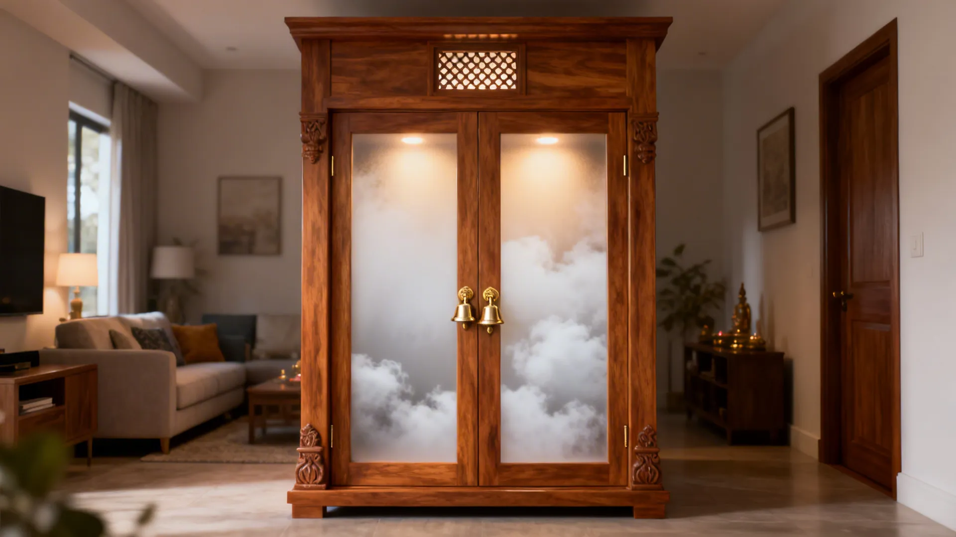 Frosted glass pooja doors with a wooden frame and a small top jaali vent glowing softly.