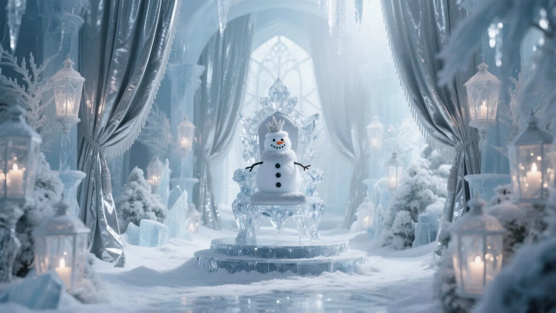 Snowman seated in a shimmering icy garden throne room