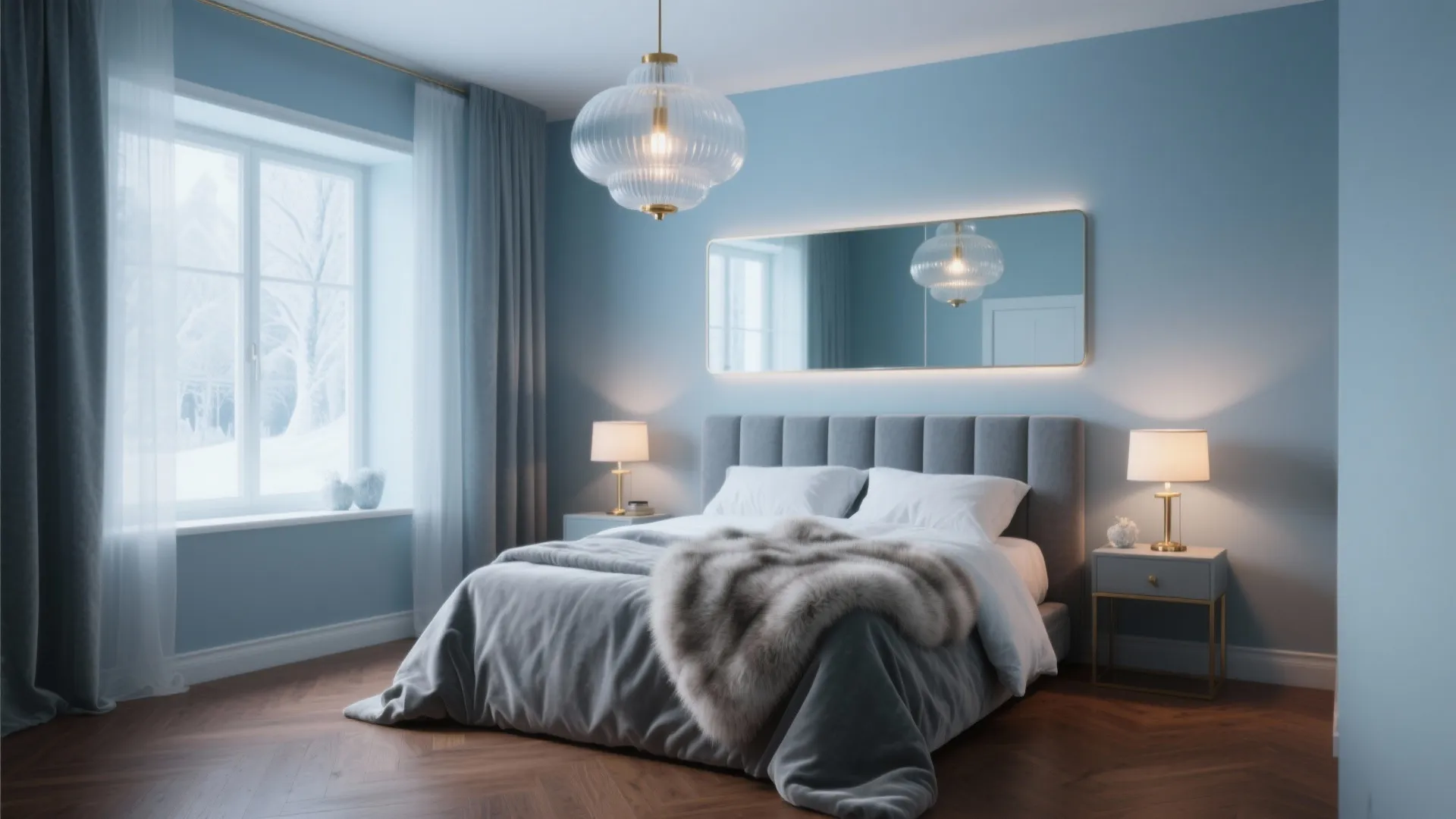 Light blue bedroom with grey bed and furry blanket plus hanging glass ceiling light and mirror