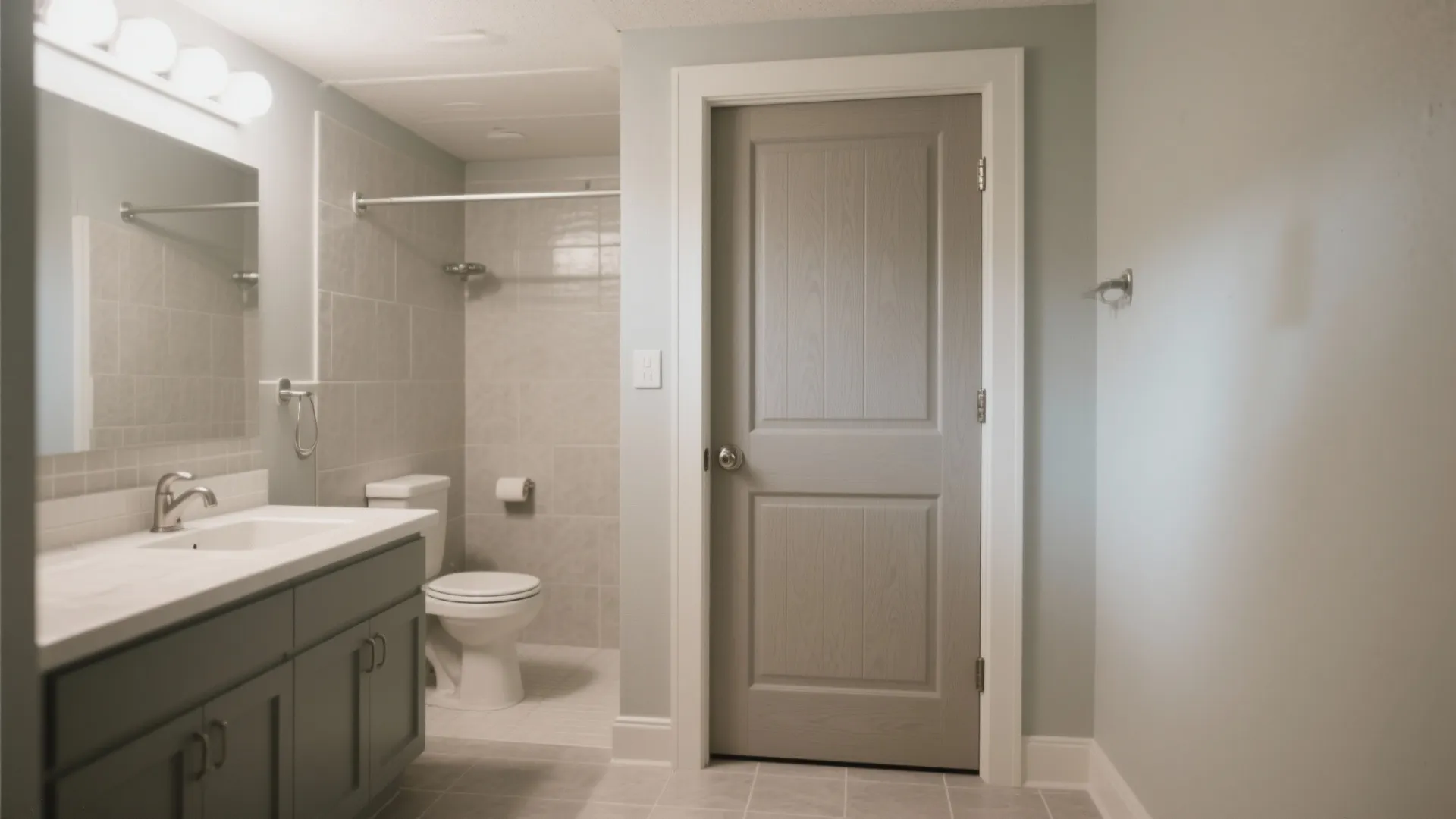 Classic bathroom featuring a grey wooden door white toilet sink with grey cabinet and mirror