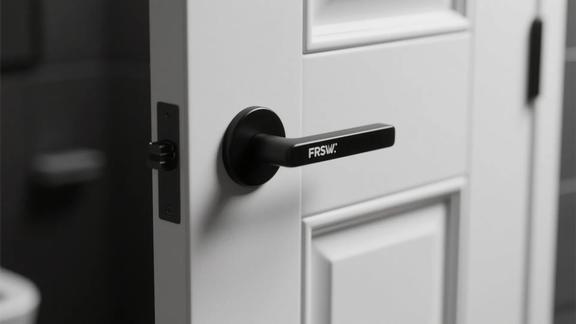 Close up view of a black door handle on a white door with wall panel details