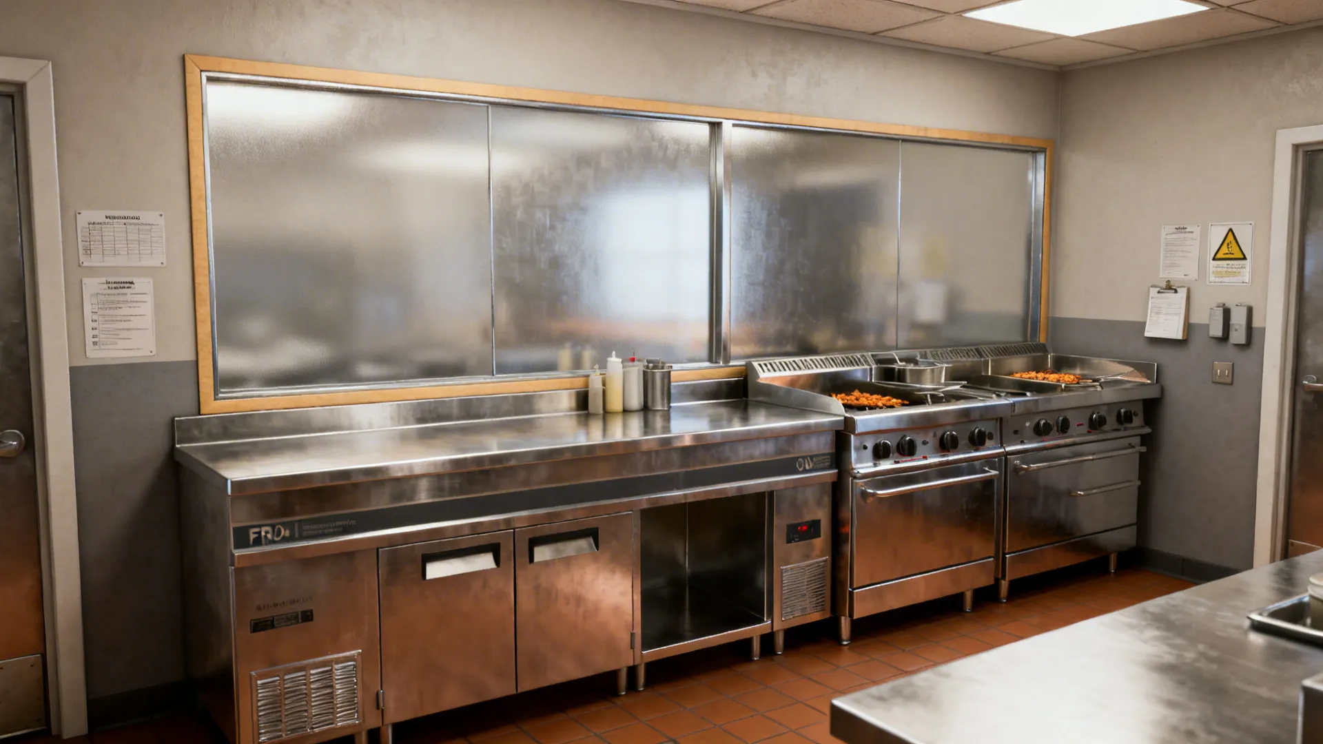 Commercial kitchen with stainless steel counters stoves metal wall panels and brown tiled floor design