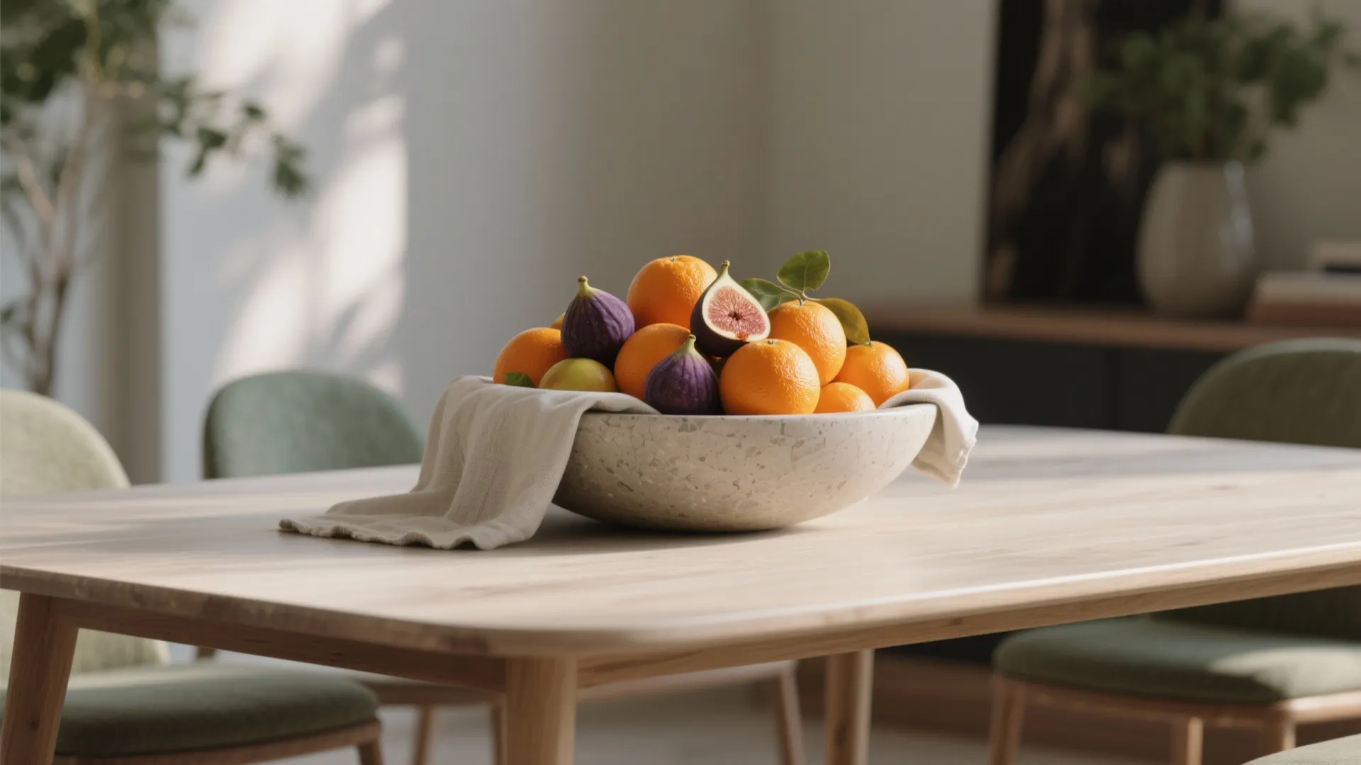 2) Seasonal fruit in a sculptural bowl