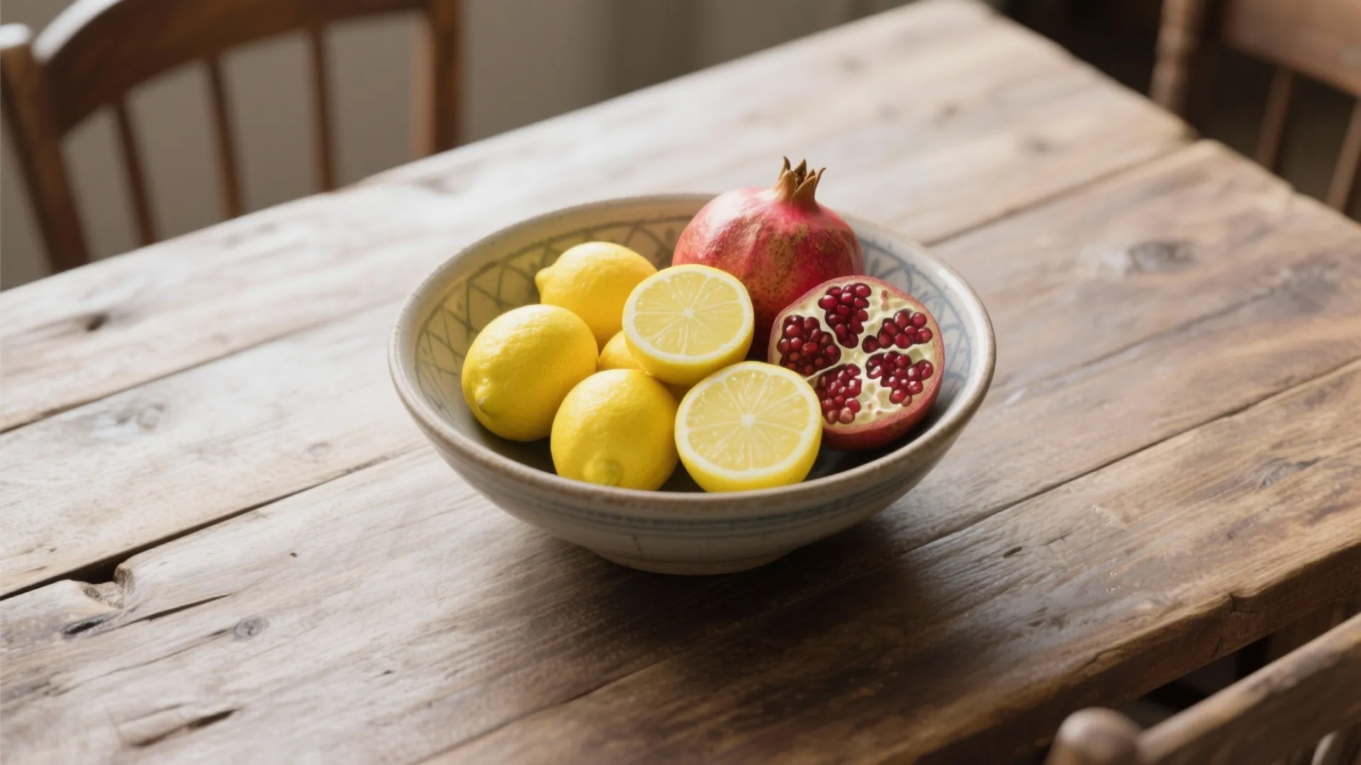 Ceramic bowl containing fresh lemons and a sliced pomegranate on a rustic wooden dining table