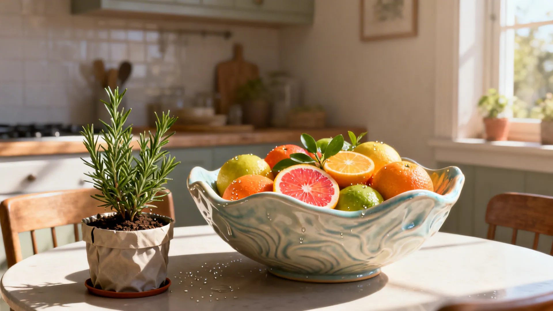 Sculptural fruit bowl with citrus and a small potted rosemary herb on a compact dining table.