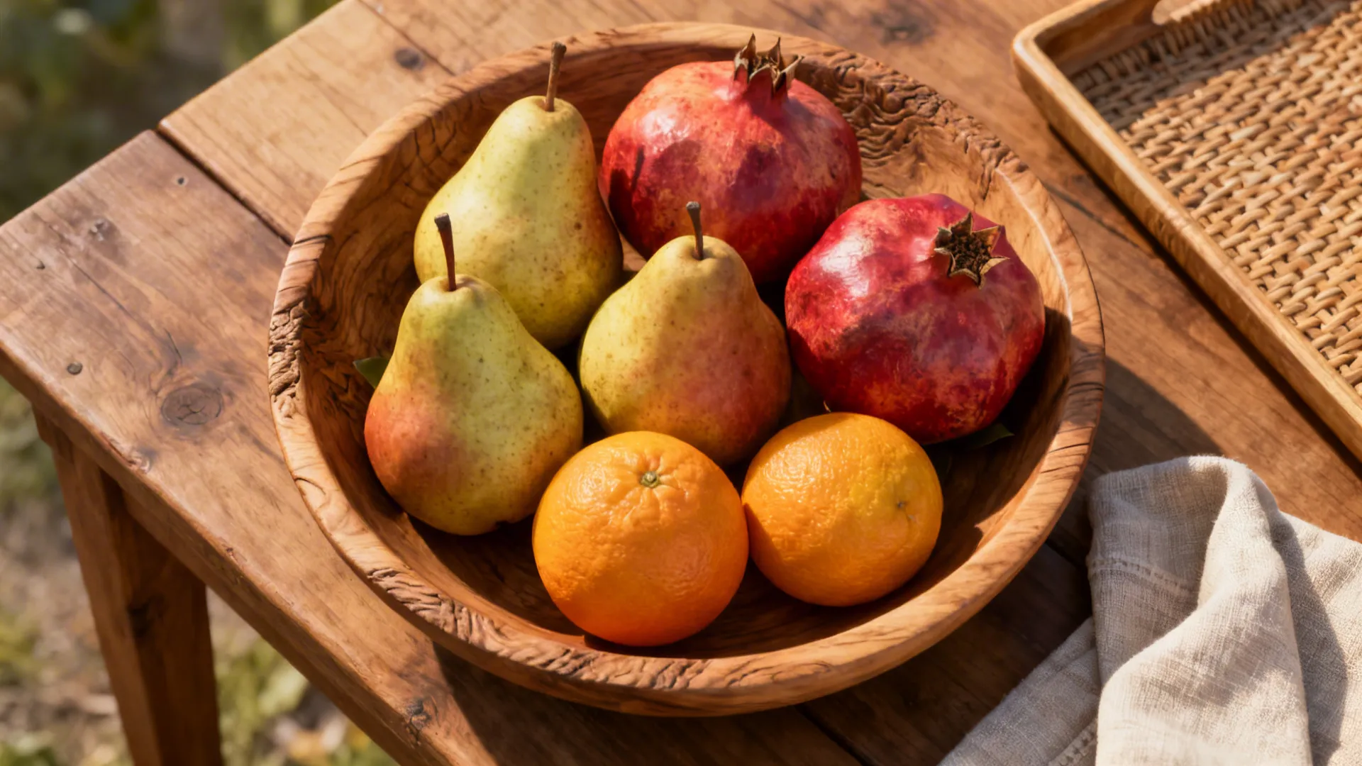 Top-down view of a textured wooden bowl with pears, pomegranates and citrus on a small table