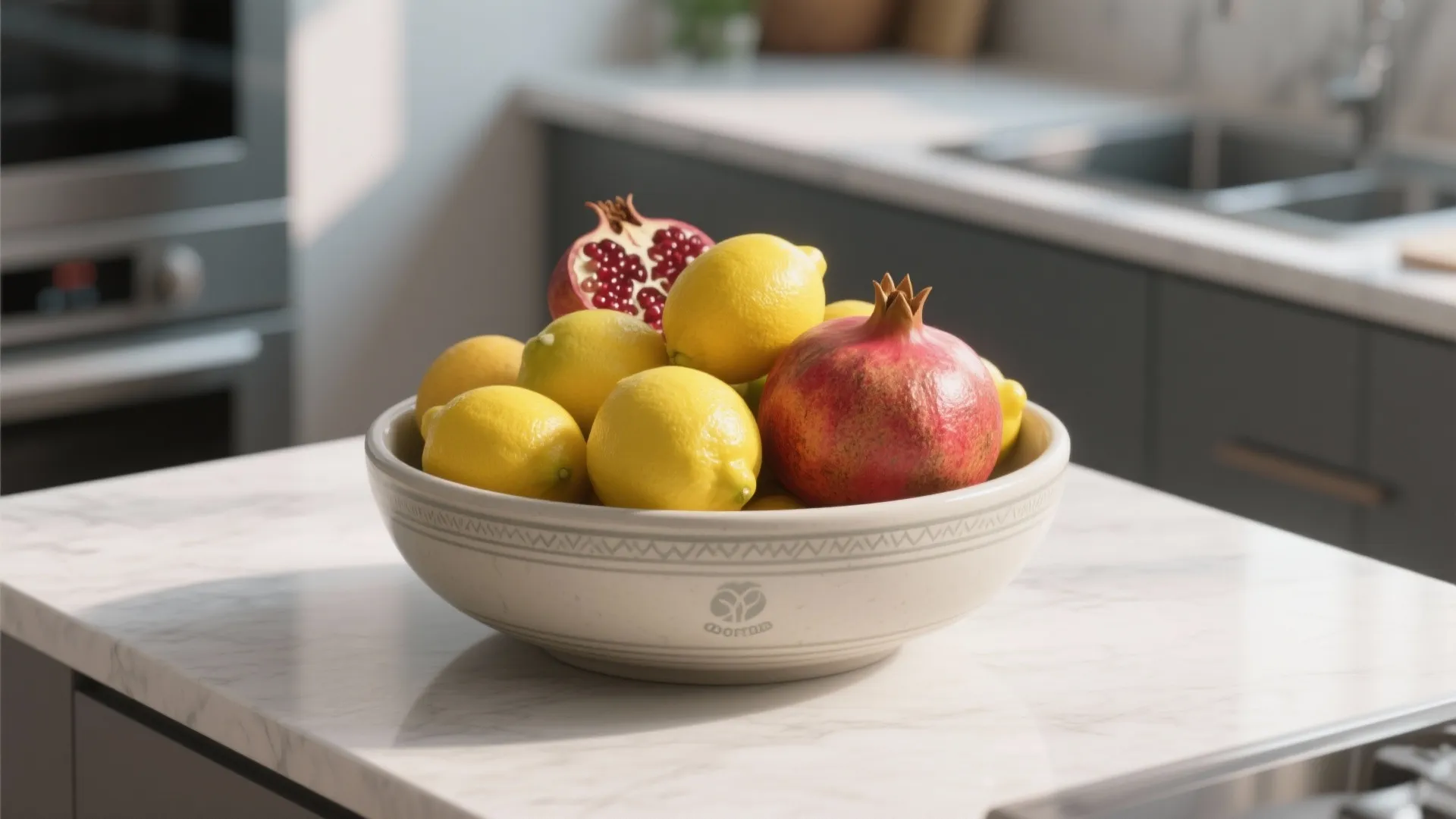 A white ceramic fruit bowl filled with yellow lemons and red pomegranates on marble countertop