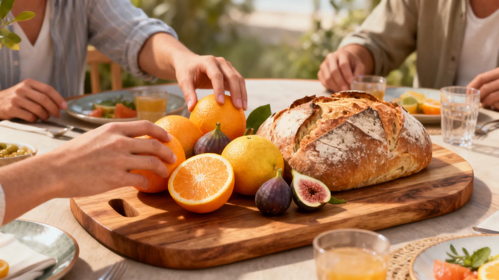 Wooden board with citrus, figs and artisan bread used as an edible centerpiece on a round table.
