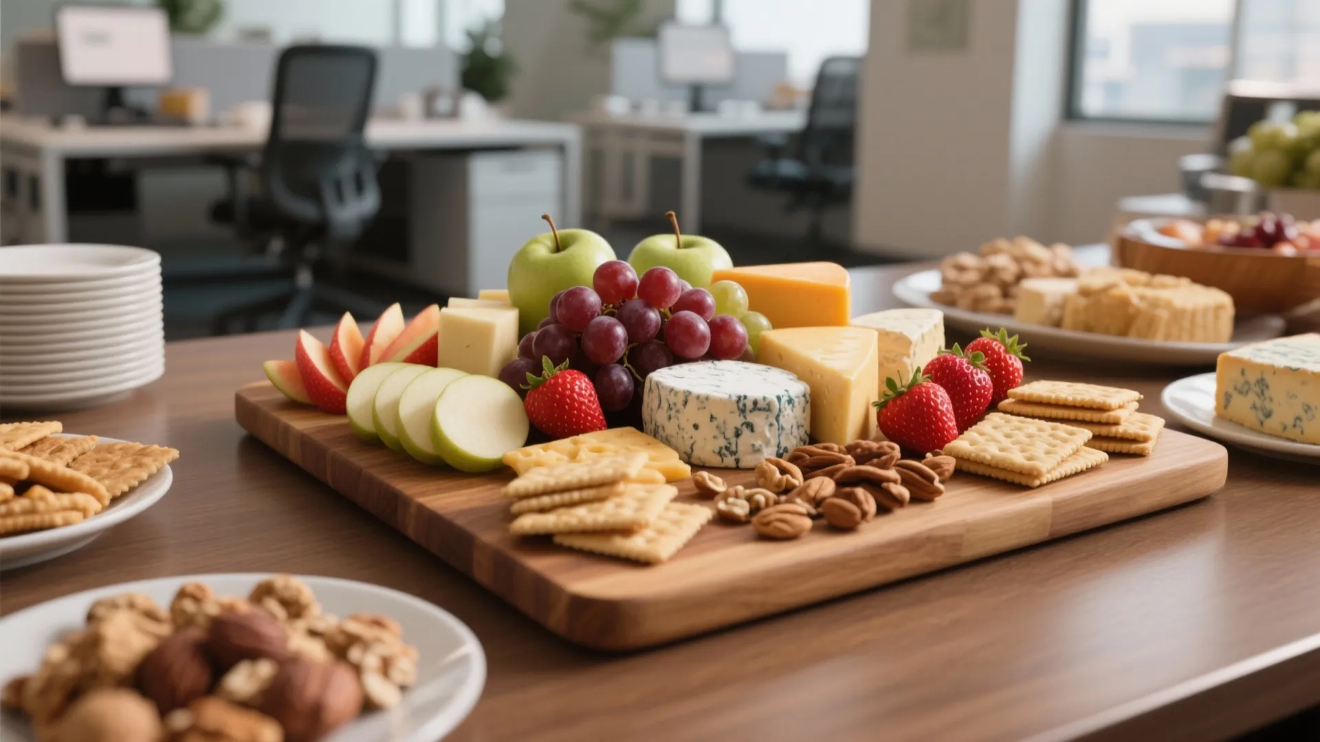 Wooden board with cheese, grapes, strawberries, apple slices, crackers, and nuts on a brown table