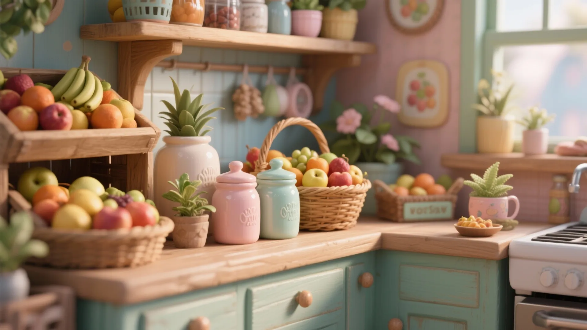 Kitchen counter with baskets of fresh fruit colorful storage jars small plants and wooden wall shelves