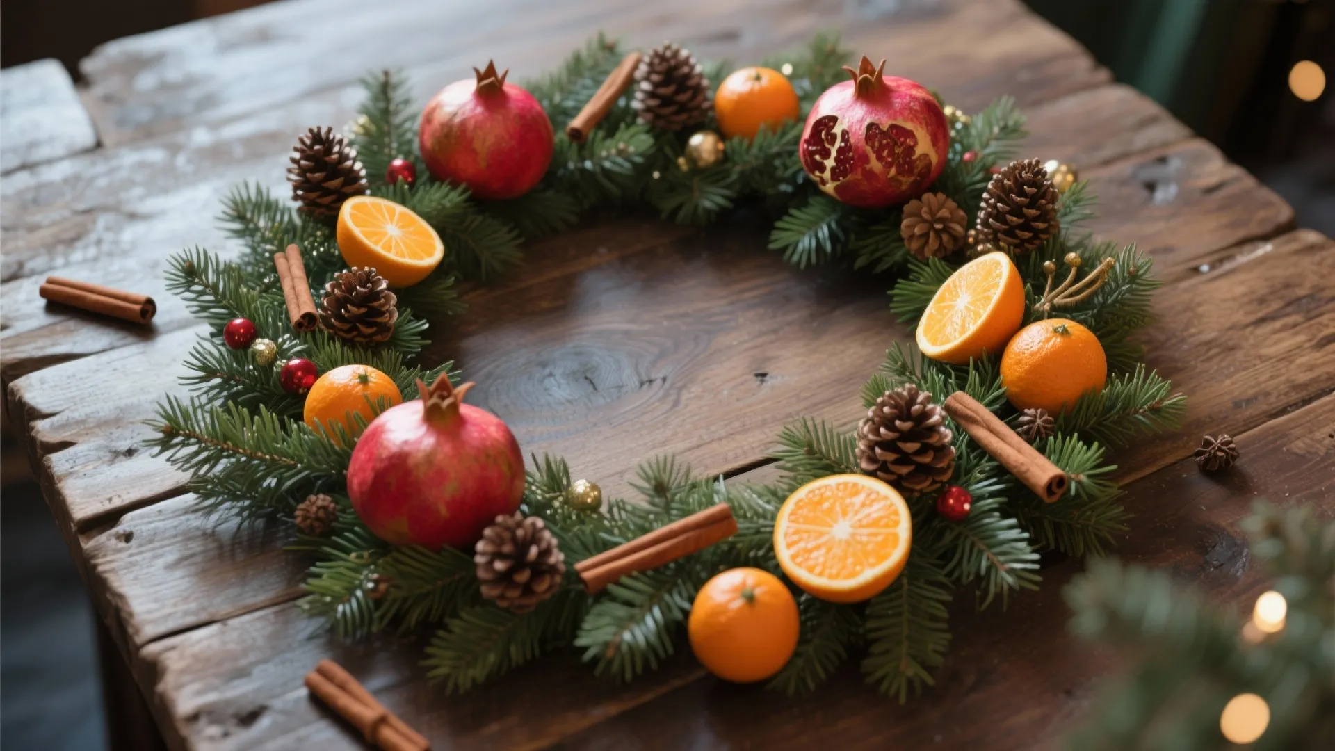 Evergreen garland decorated with pomegranates, oranges, and cinnamon sticks