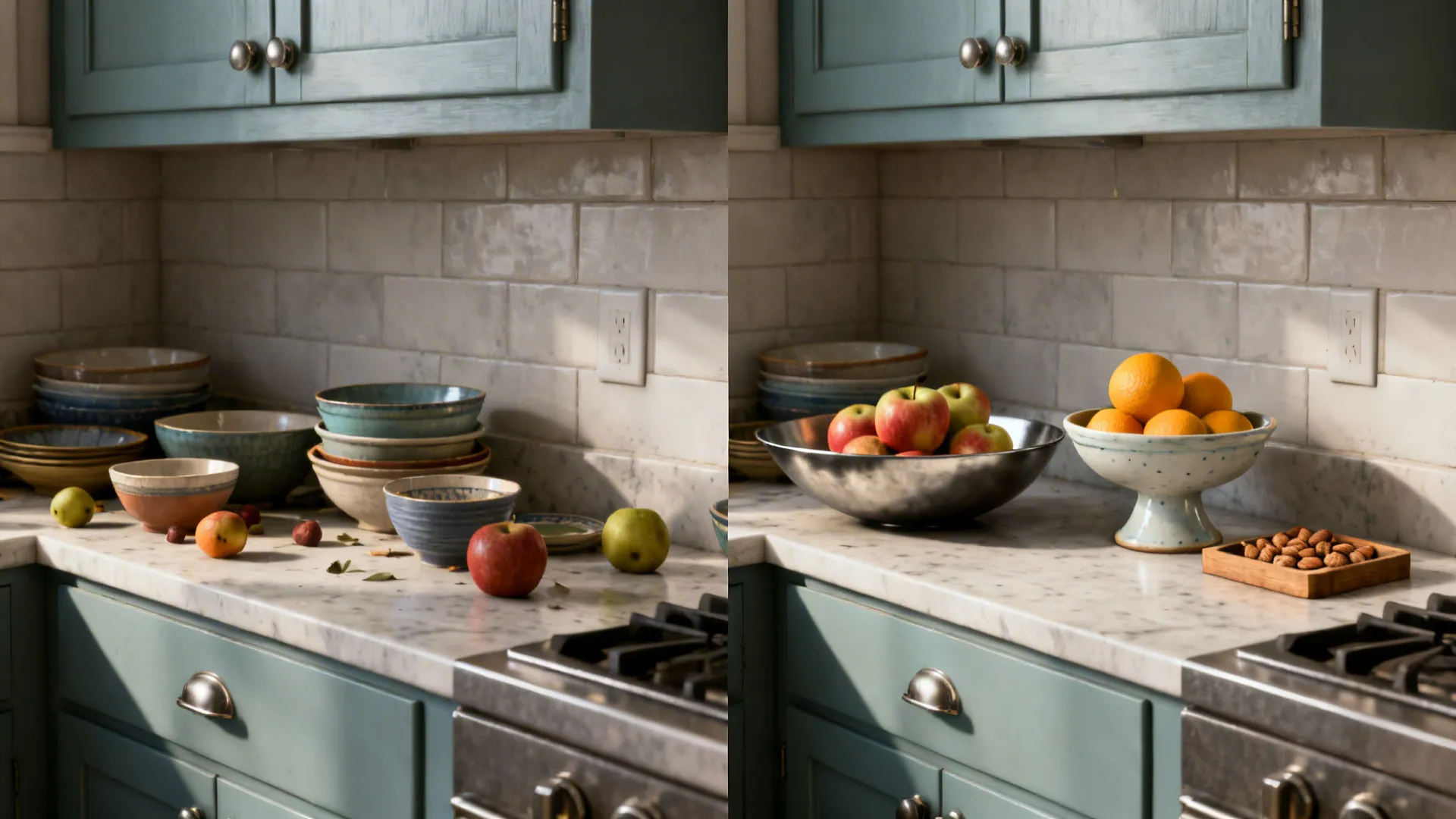 Before-and-after of a compact counter from cluttered bowls to a cohesive mixed-material set.