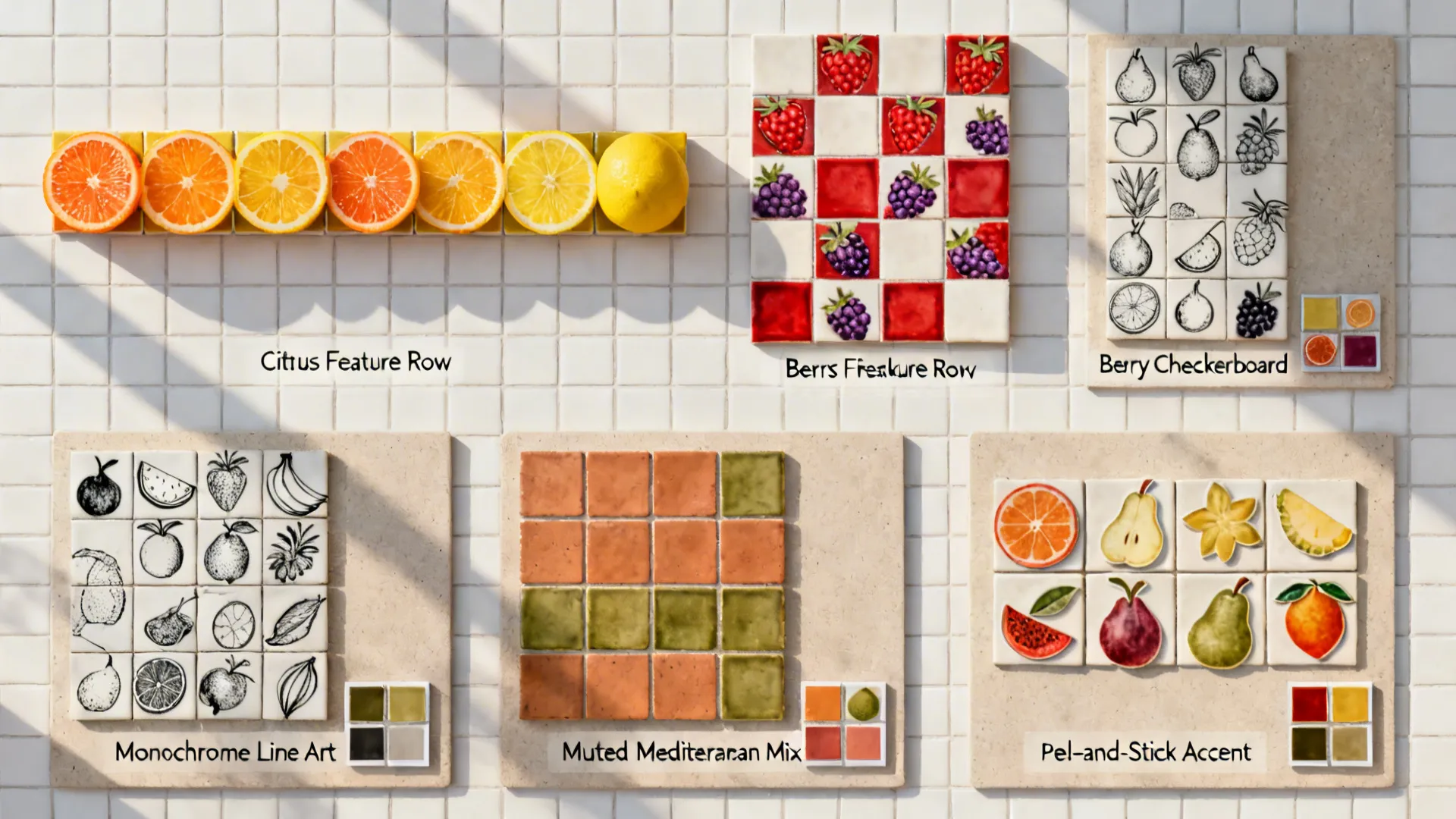 Top-down storyboard of five fruit-tile concepts with swatches and mini layouts.