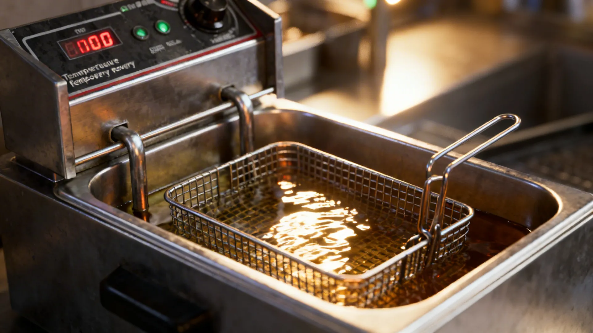 Close-up of fryer controls and clean oil surface indicating fast heat recovery.