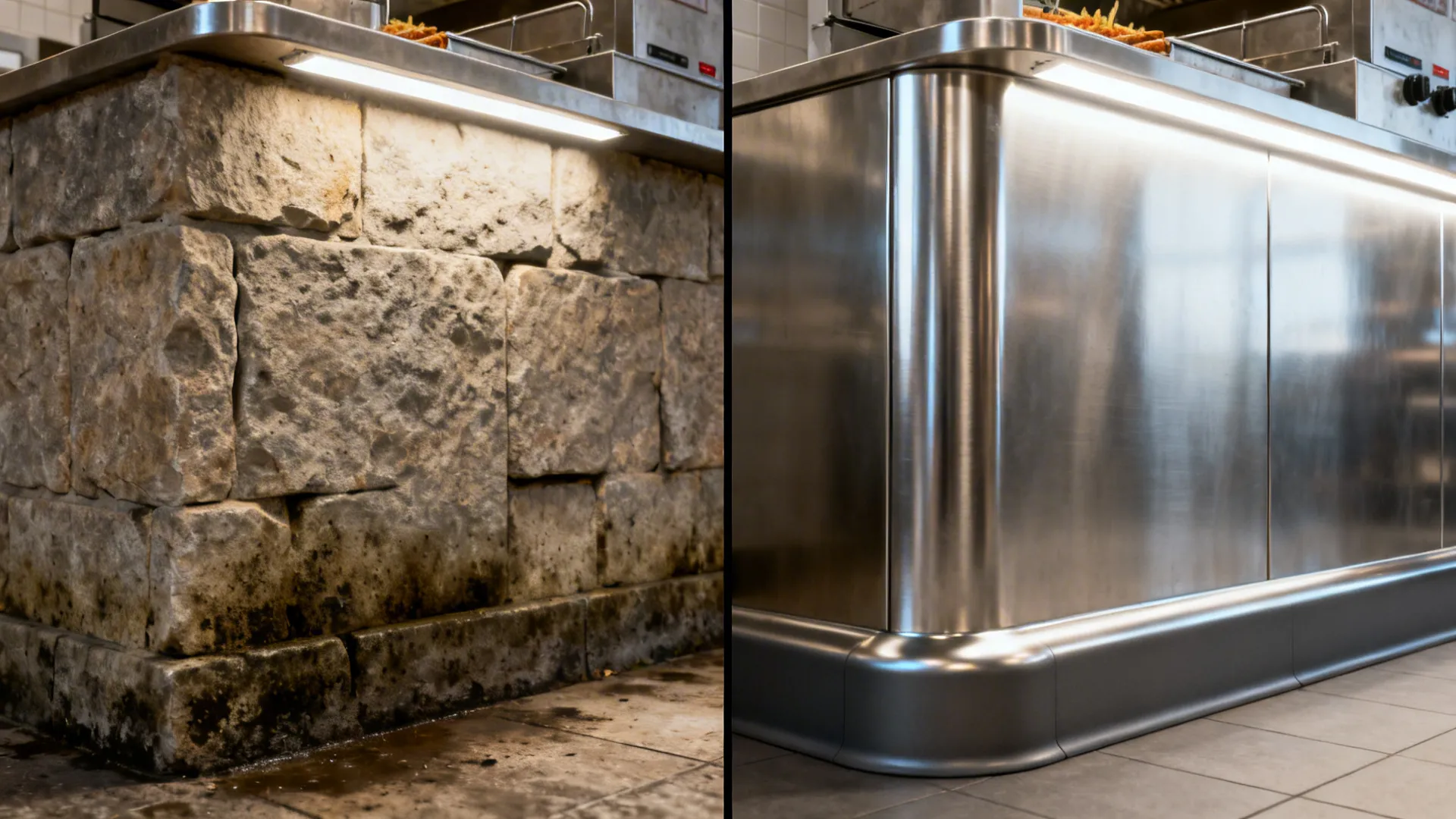 Before and after of fryer area: textured stone versus clean stainless with coved base and bright LEDs.