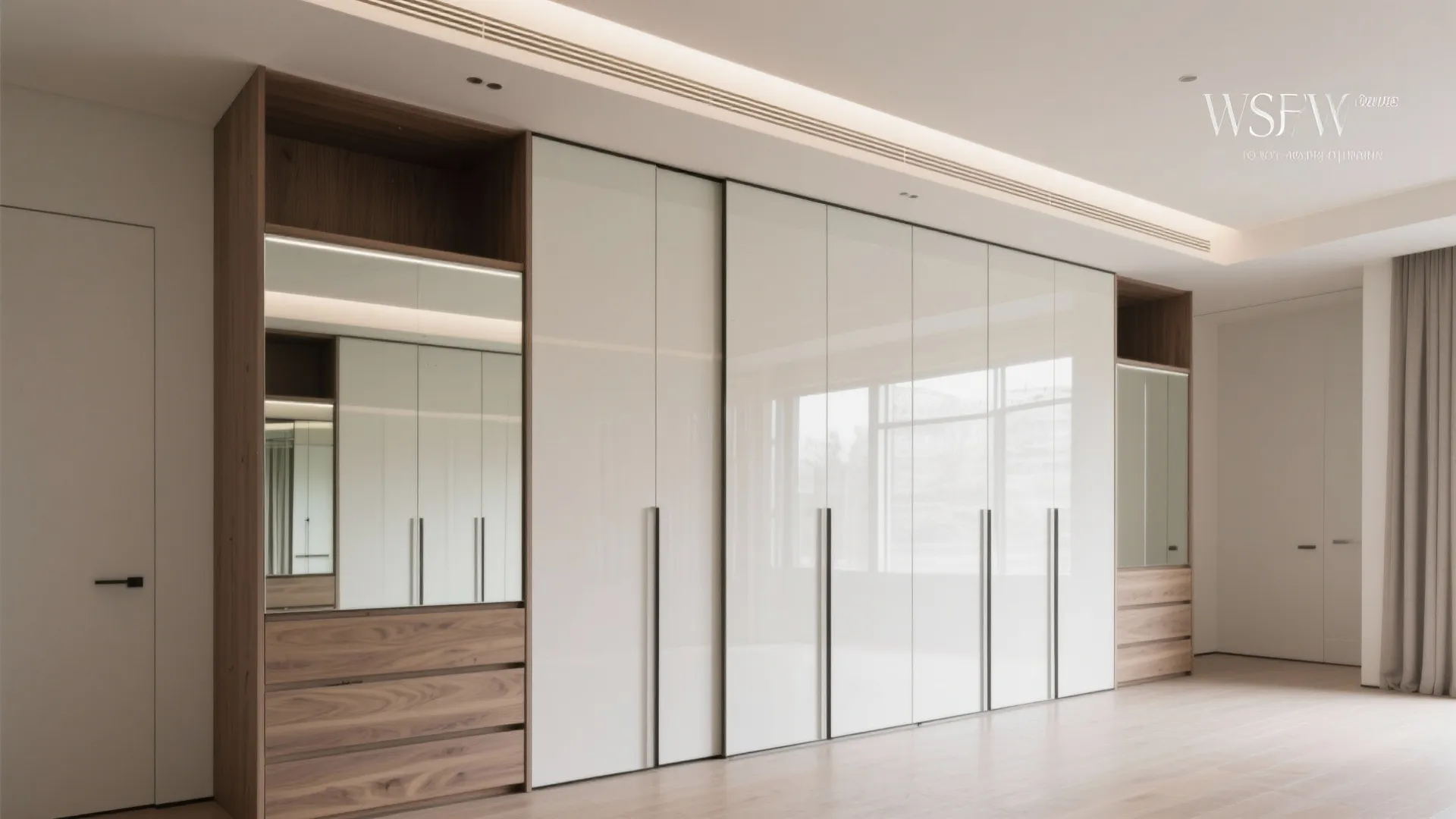 Large built in white cabinet system with wood accents drawers and mirrors in modern room