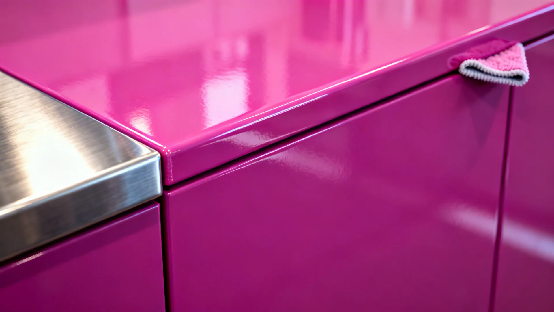 Macro of glossy fuchsia cabinet finish beside stainless steel countertop.