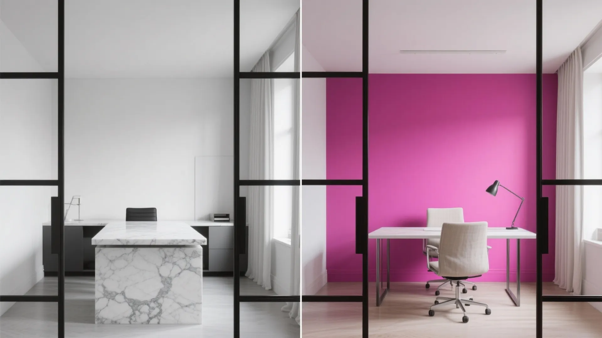 Comparison showing white office room versus a modern workspace with a bright pink accent wall