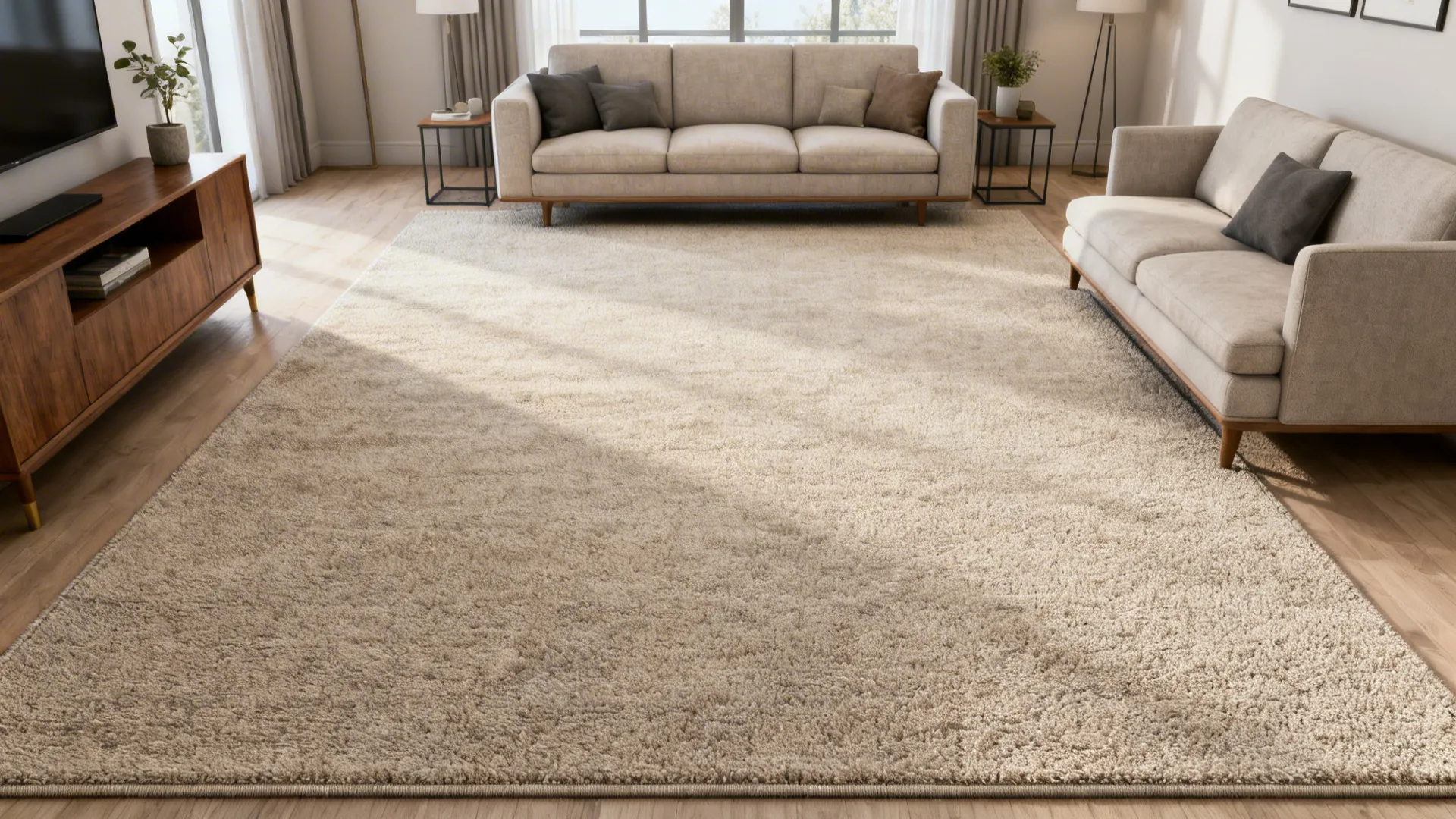 Minimalist living room with a full 10x12 rug covering most of the floor and furniture fully on the rug.