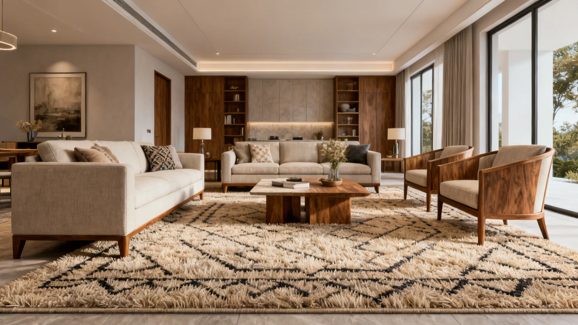 Medium living room with a large rug that fits all furniture legs for a cohesive look