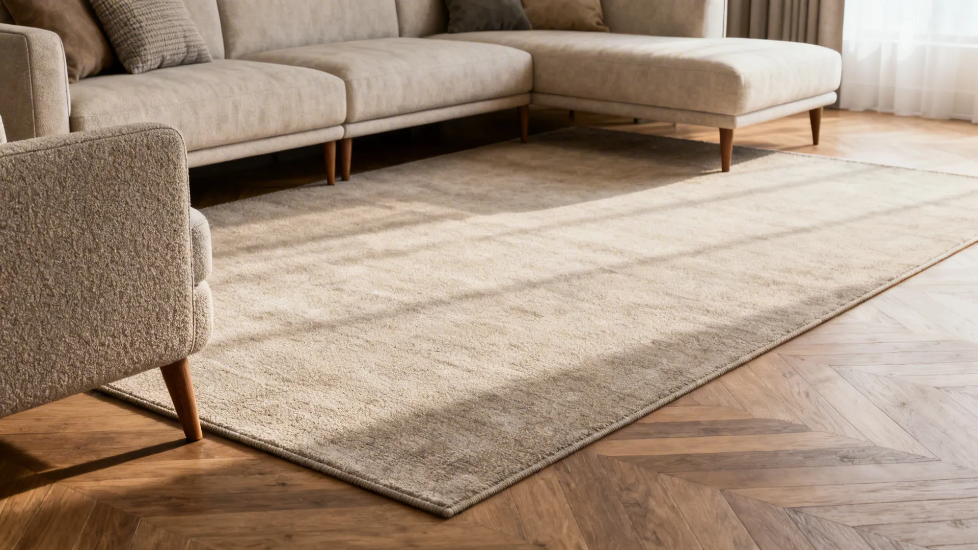 Spacious living room with all furniture legs placed on a large neutral rug creating cohesion.