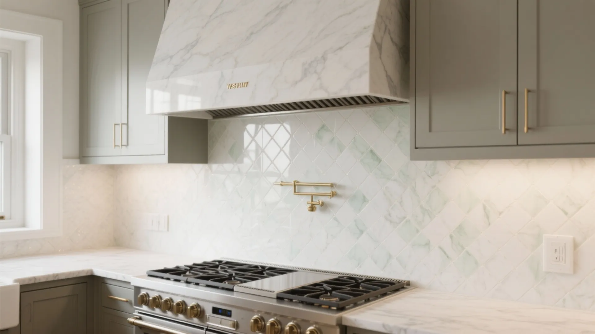 Small kitchen with tile backsplash to the ceiling, tight grout lines, and soft daylight highlighting the vertical height