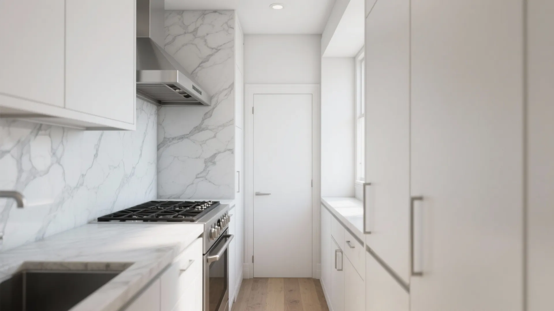 Modern white kitchen with marble wall panels, gas stove, silver vent hood, and wood floor