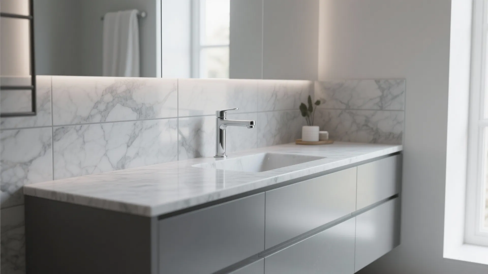 Continuous grey quartz countertop that extends into a full-height backsplash behind a vanity