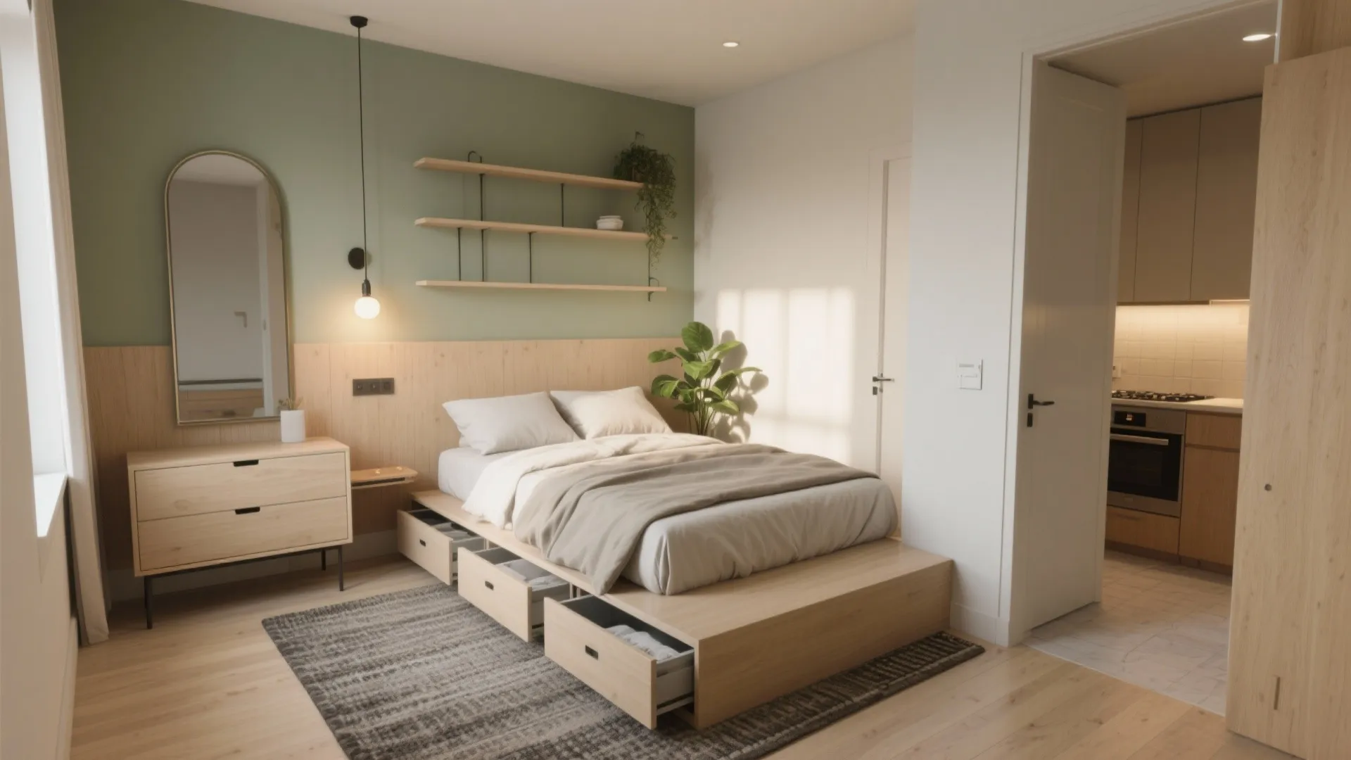 Modern bedroom with wooden storage bed green wall shelves mirror and open view to kitchen area