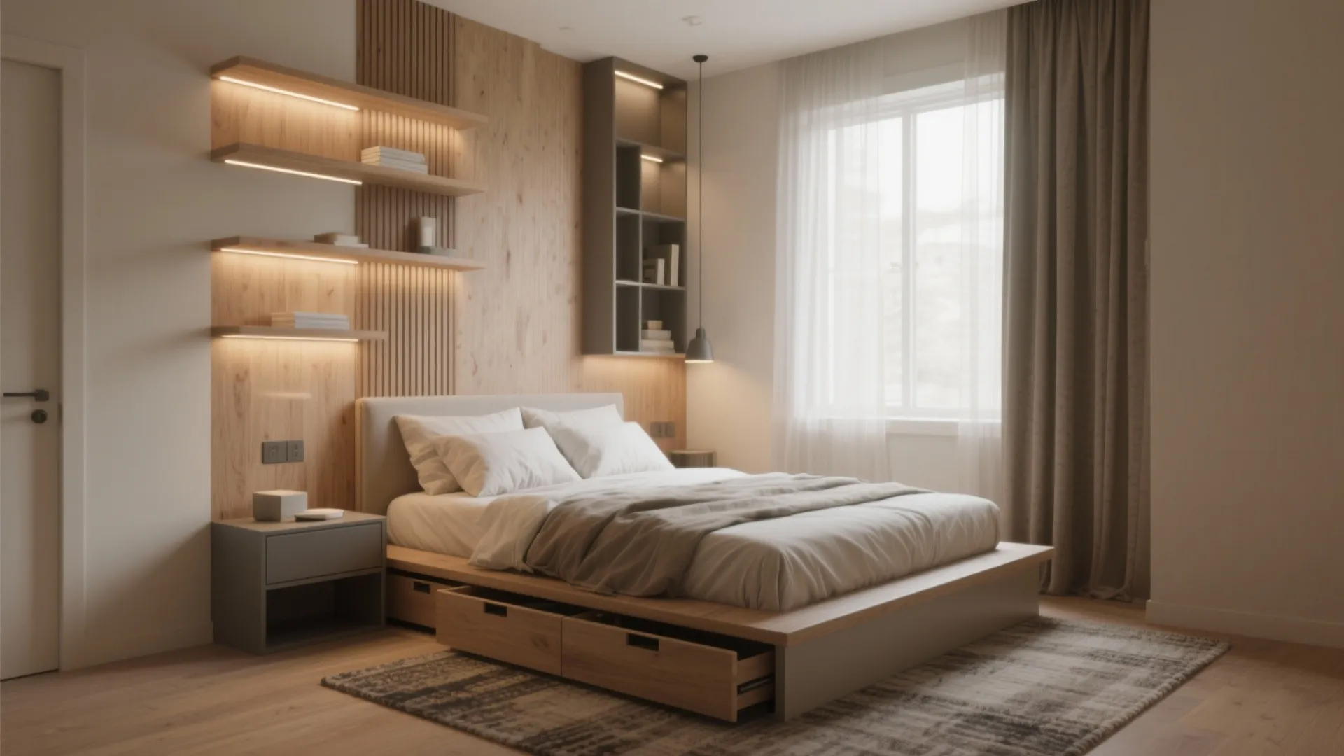 Modern bedroom with wooden bed storage drawers wall panels light shelves curtains and a grey rug