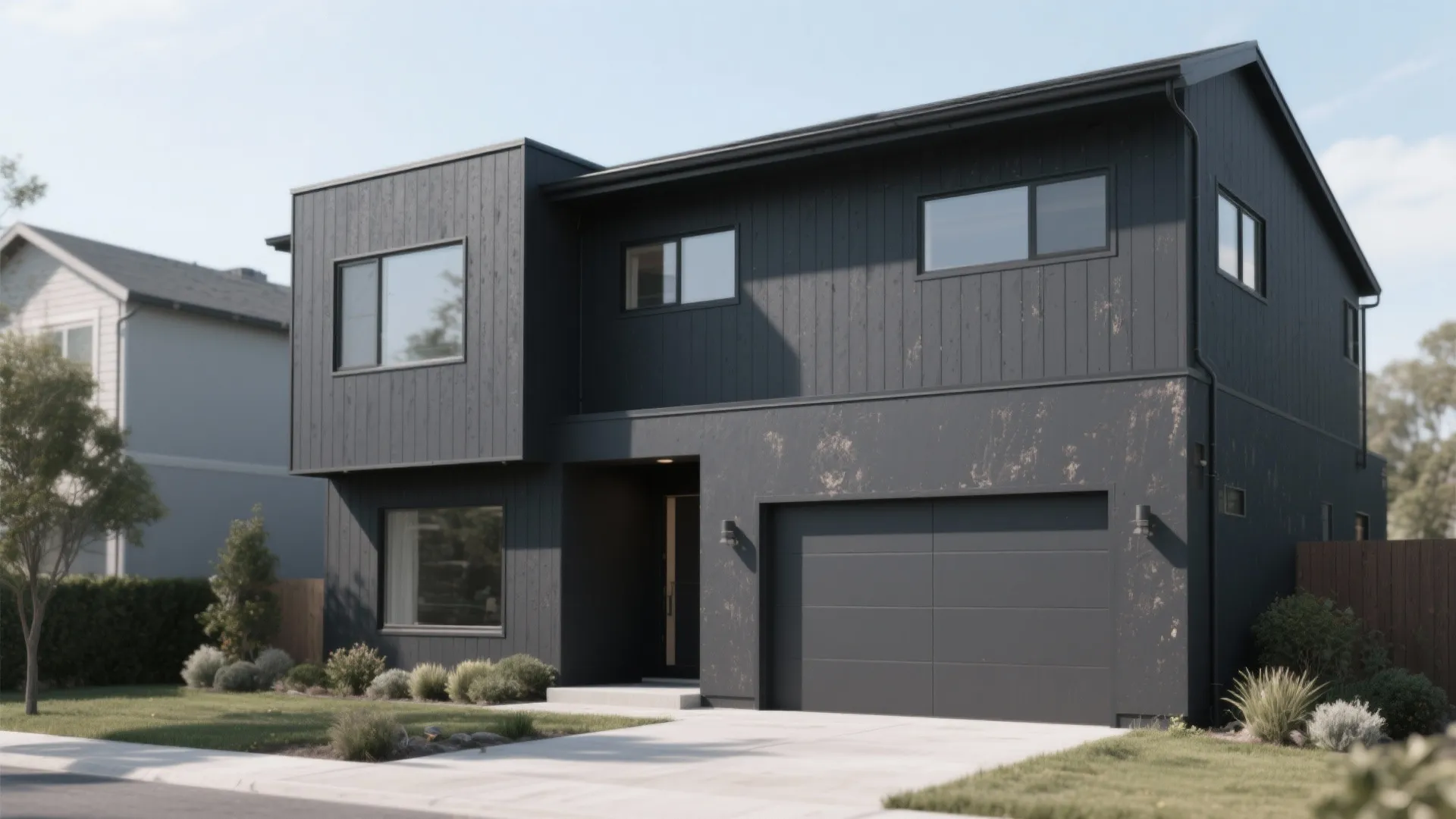 Modern house painted entirely in mid-to-deep dark gray showing clean curb presence and siding texture.