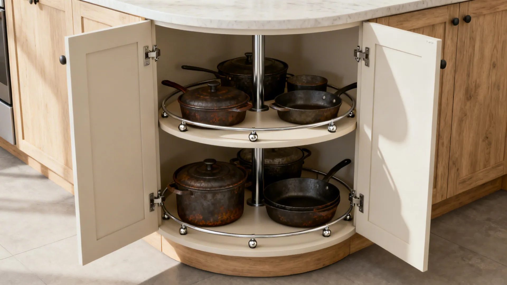Open corner cabinet with a two-tier full-circle lazy Susan holding cast-iron cookware on smooth bearings.