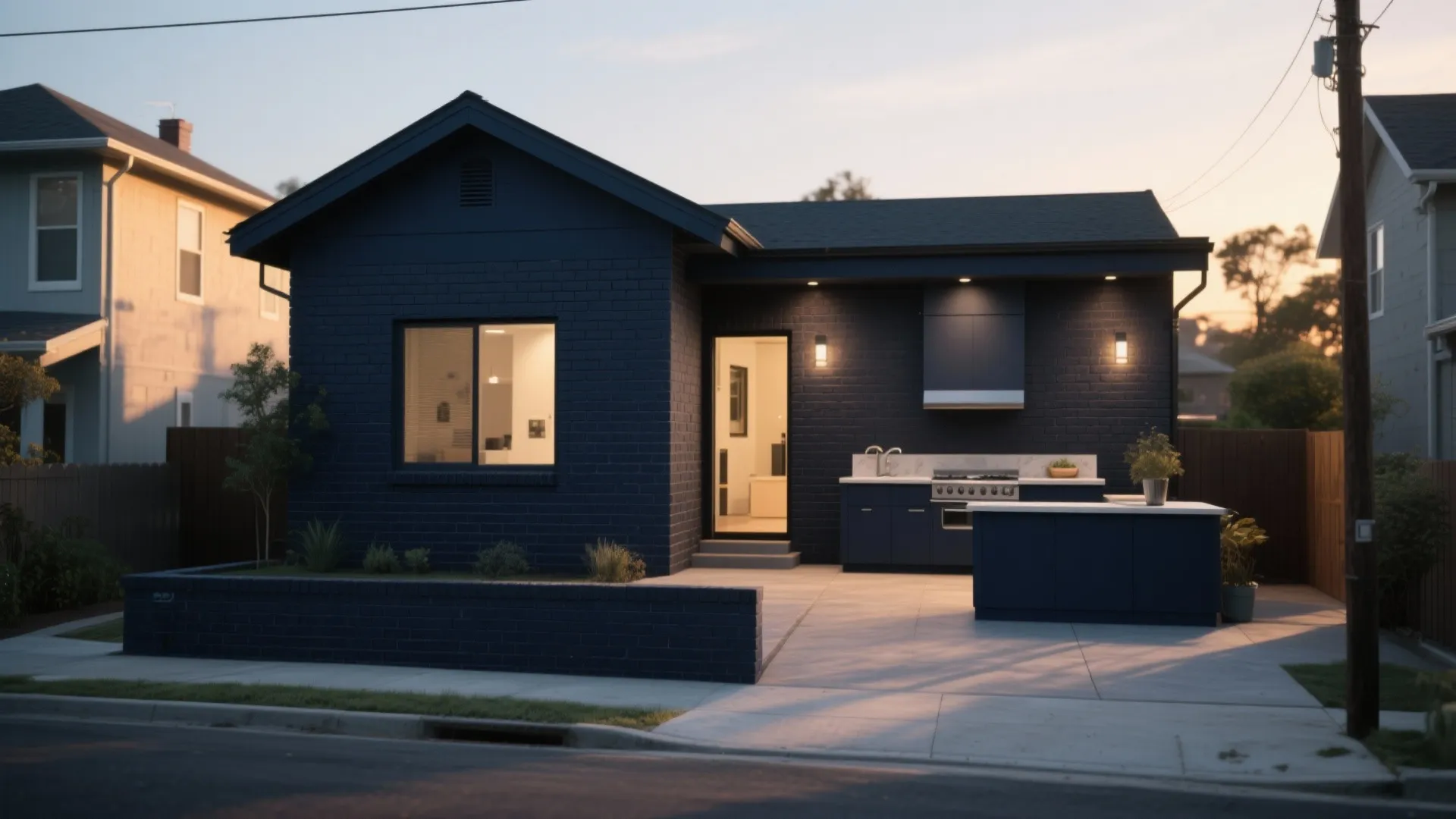 Modern house exterior with dark blue brick walls, outdoor kitchen, lit windows, and paved patio