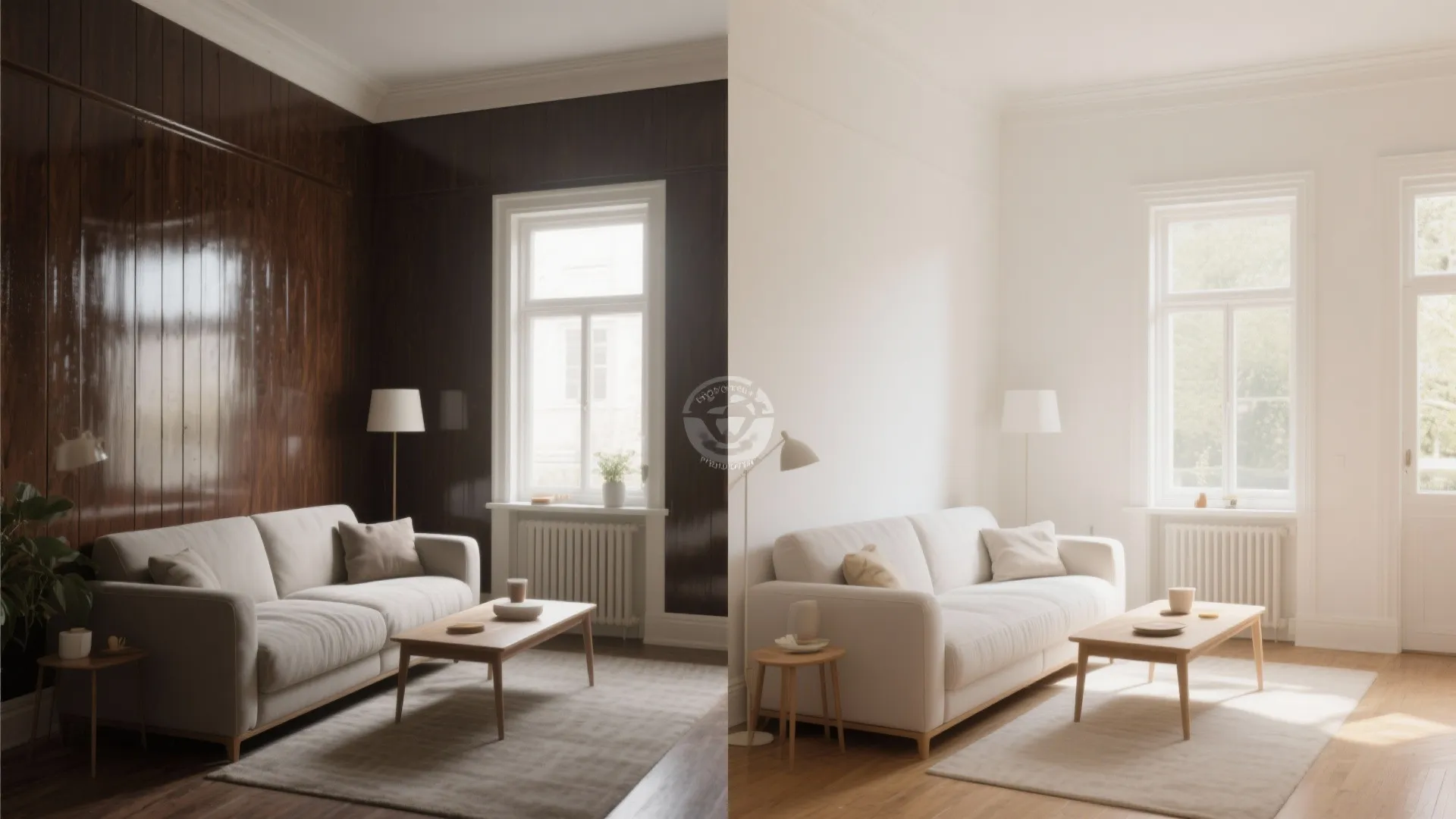 Before-and-after comparison of dark wood paneling and the same room painted warm white using bonding primer.