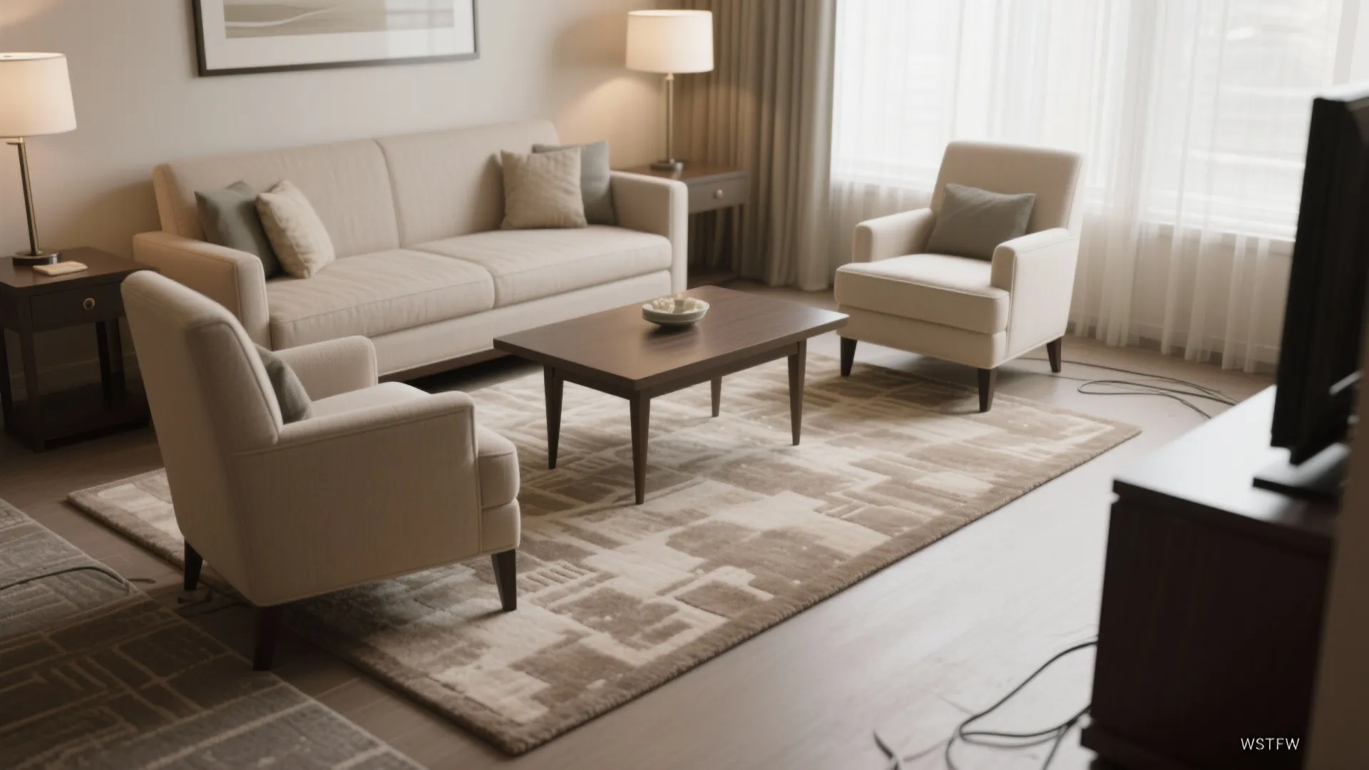 2) Full-coverage rug under all legs (hotel-lobby calm)