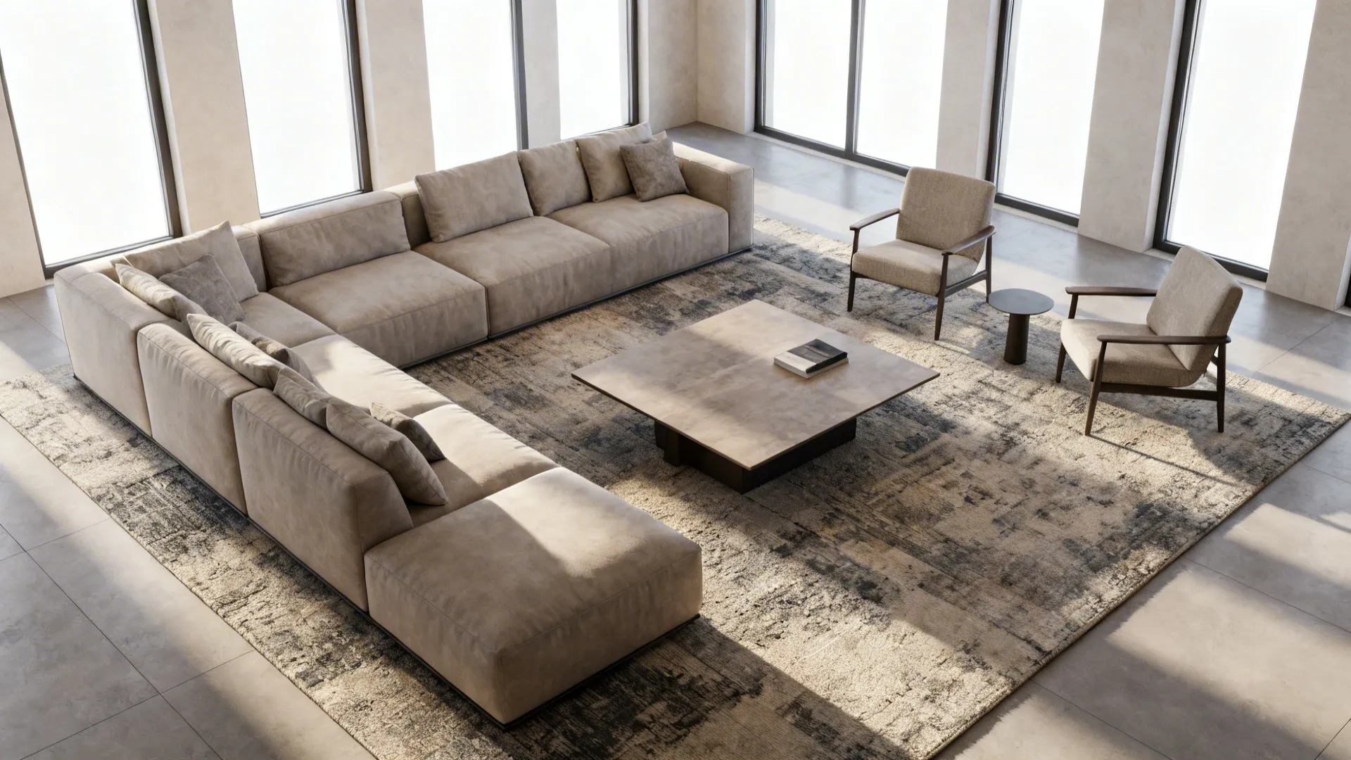Living room with all furniture fully on a single large rug, demonstrating full-coverage anchor.