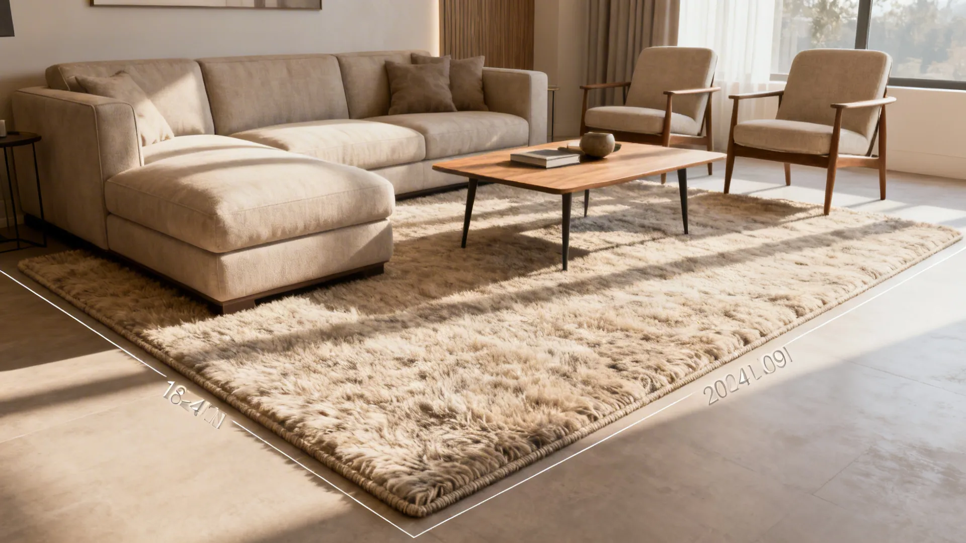 Sectional and coffee table fully placed on a large rug with surrounding bare floor for balance