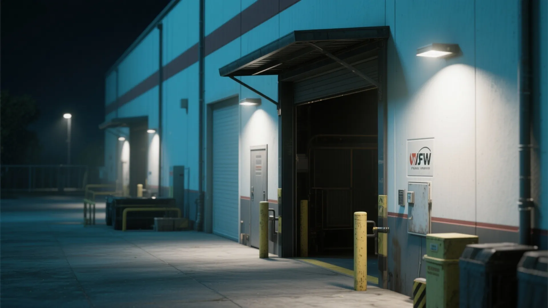 Loading dock lit by full-cutoff wall packs with focused downward illumination