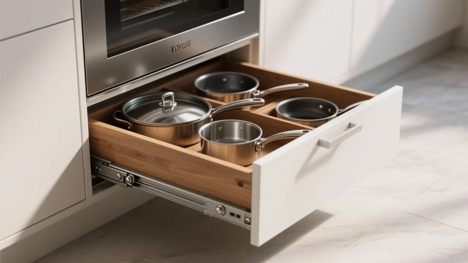 Open white kitchen cabinet drawer with wooden organizer holding stainless steel pots and pans under oven