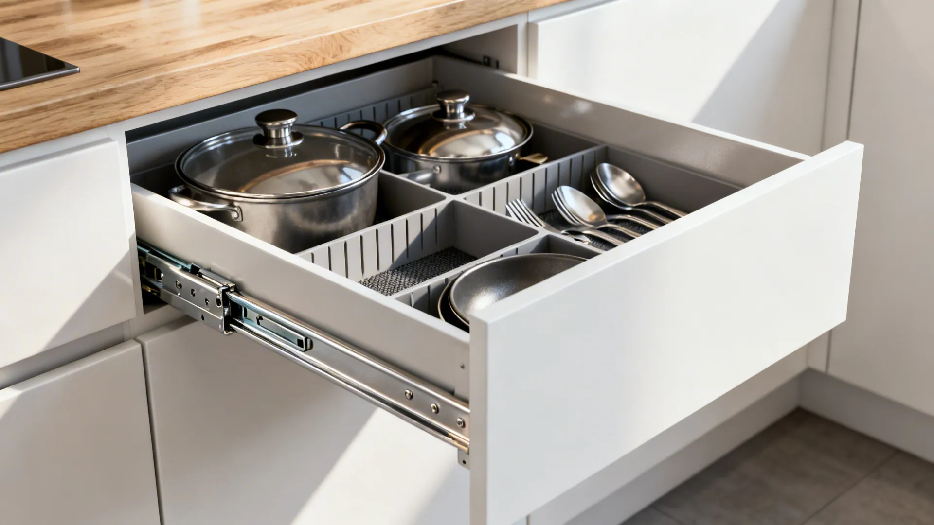 Macro view of a full-extension kitchen drawer with organized cookware and premium slides.