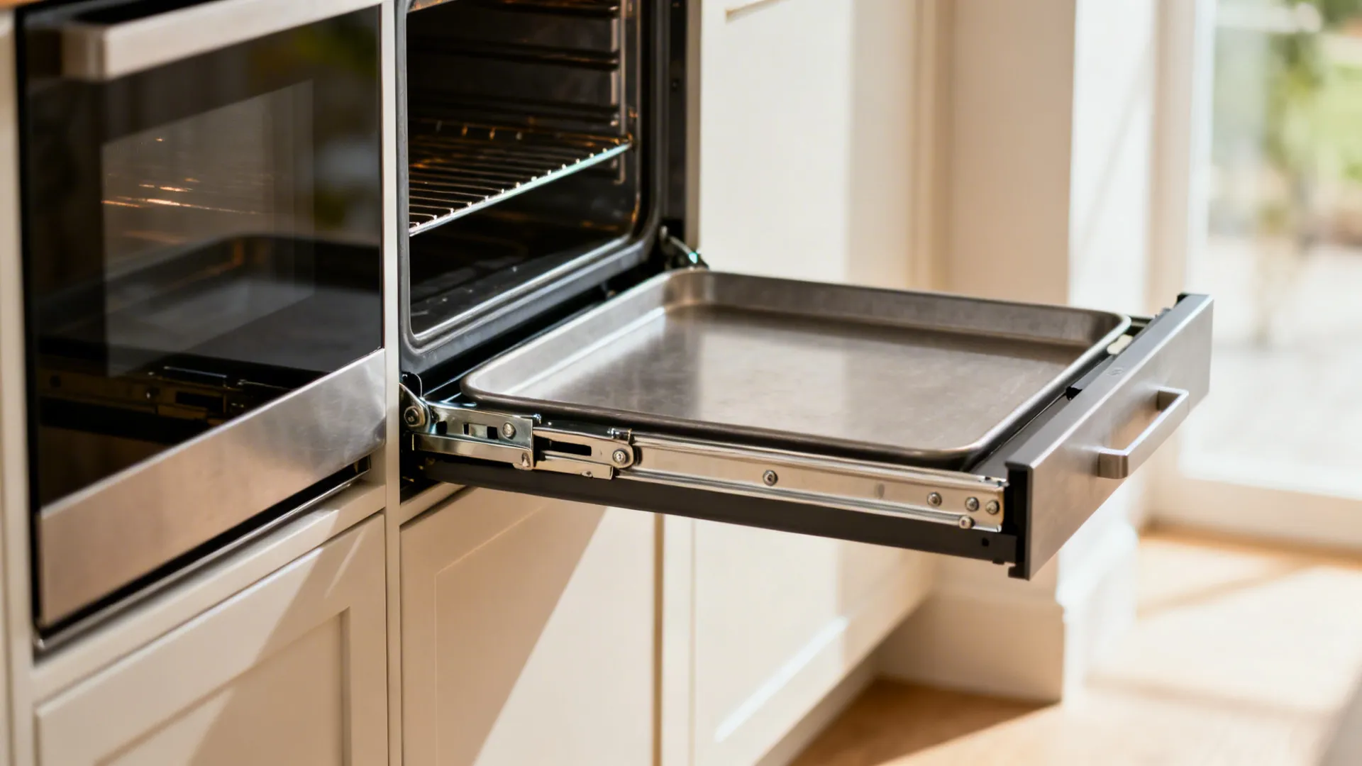 Close-up of full-extension drawer runners beside an under-counter oven storing trays.