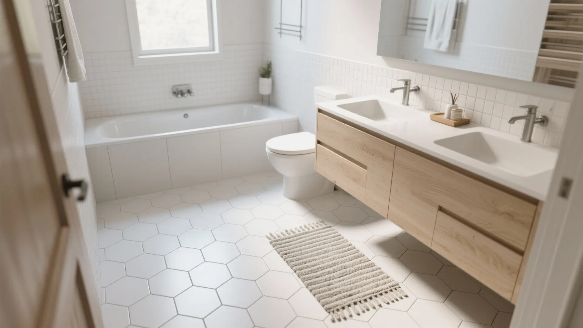 Modern bathroom with double sink wood cabinet white hexagon floor tiles bathtub and small rug