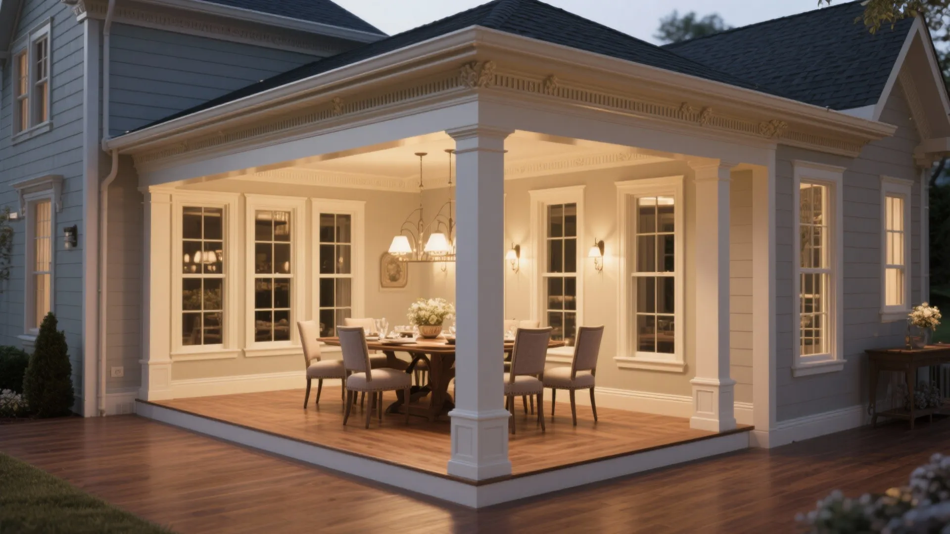 Covered outdoor patio with wooden dining table, white chairs, warm lighting, large windows, and columns