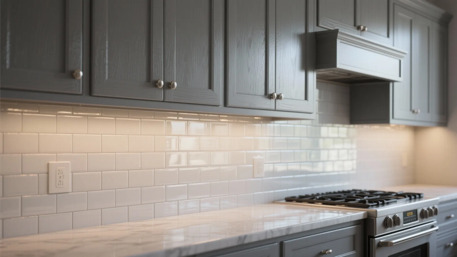 Full gray shaker cabinets paired with a glossy subway-tile backsplash shown in close-up
