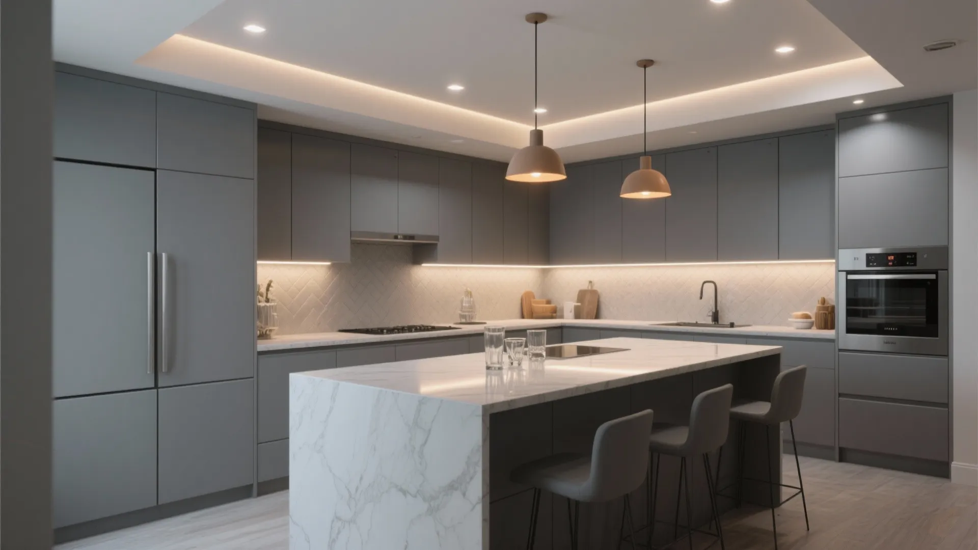4. Full-gray minimalism with layered lighting