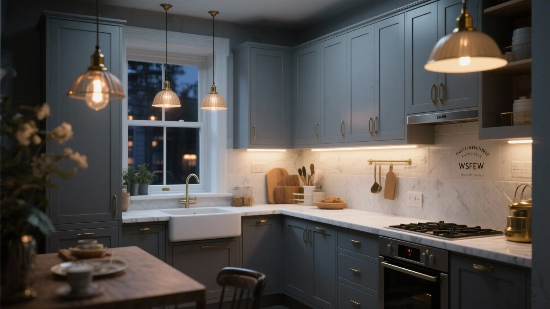Modern dark gray kitchen featuring white marble countertops hanging ceiling lights and large glass windows