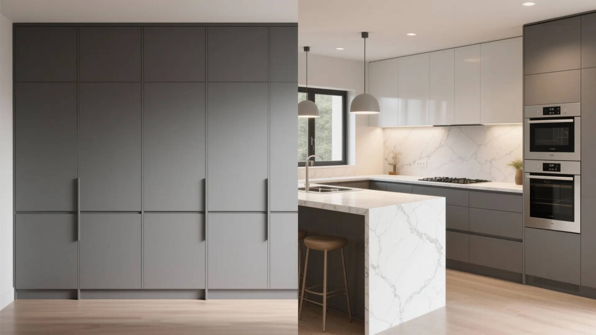 5. Full Grey Cabinets with White Countertops and Trim
