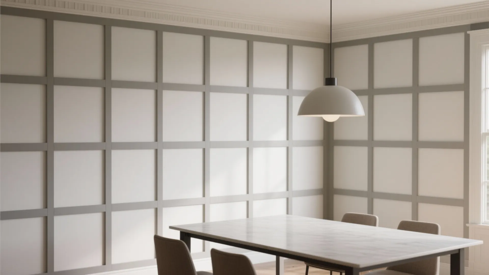 Bright dining area with white grid wall panel, grey ceiling light, and minimalist table chairs