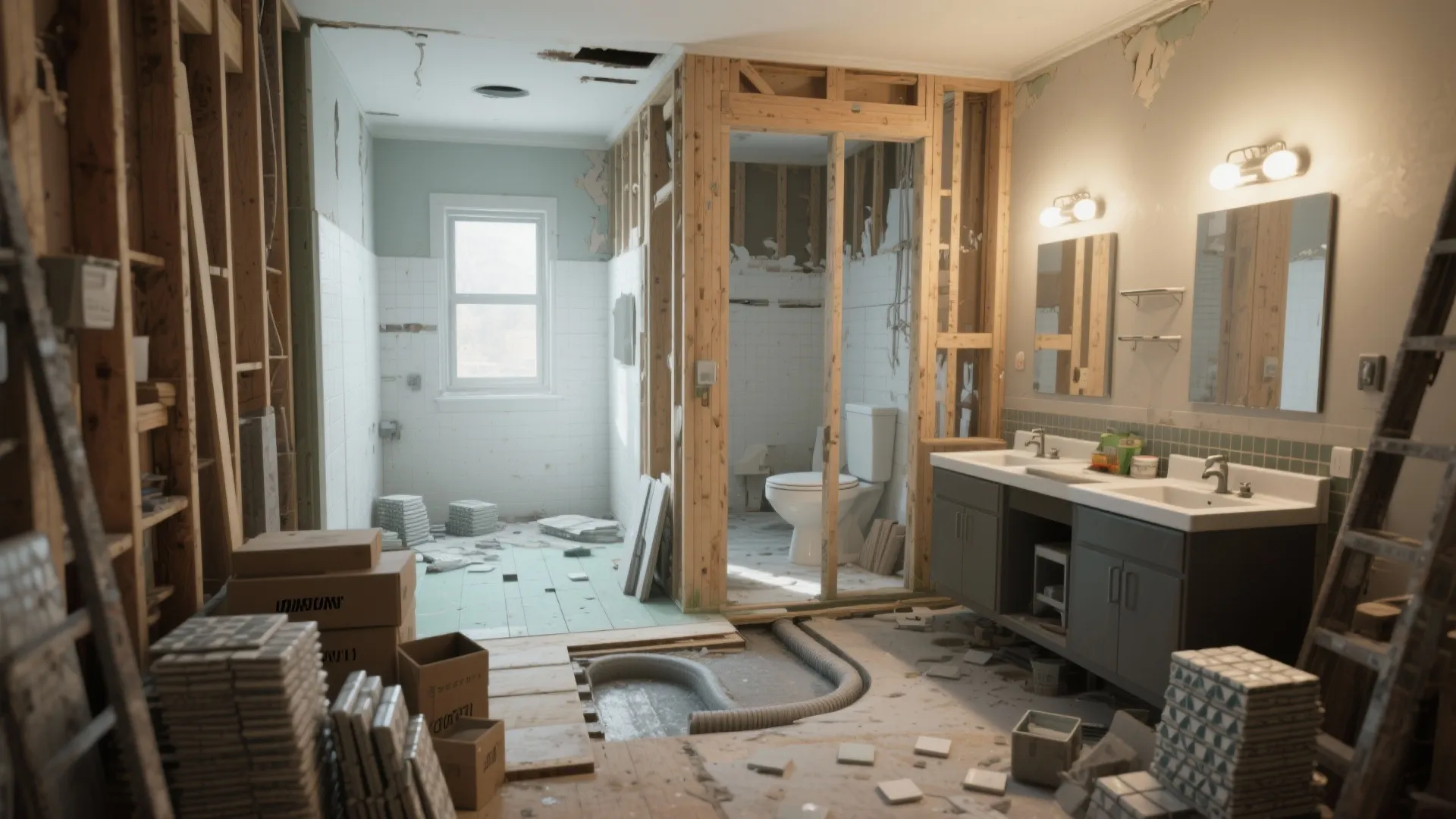 Bathroom under construction showing wood wall frame sink cabinet toilet tiles and open floor pipes